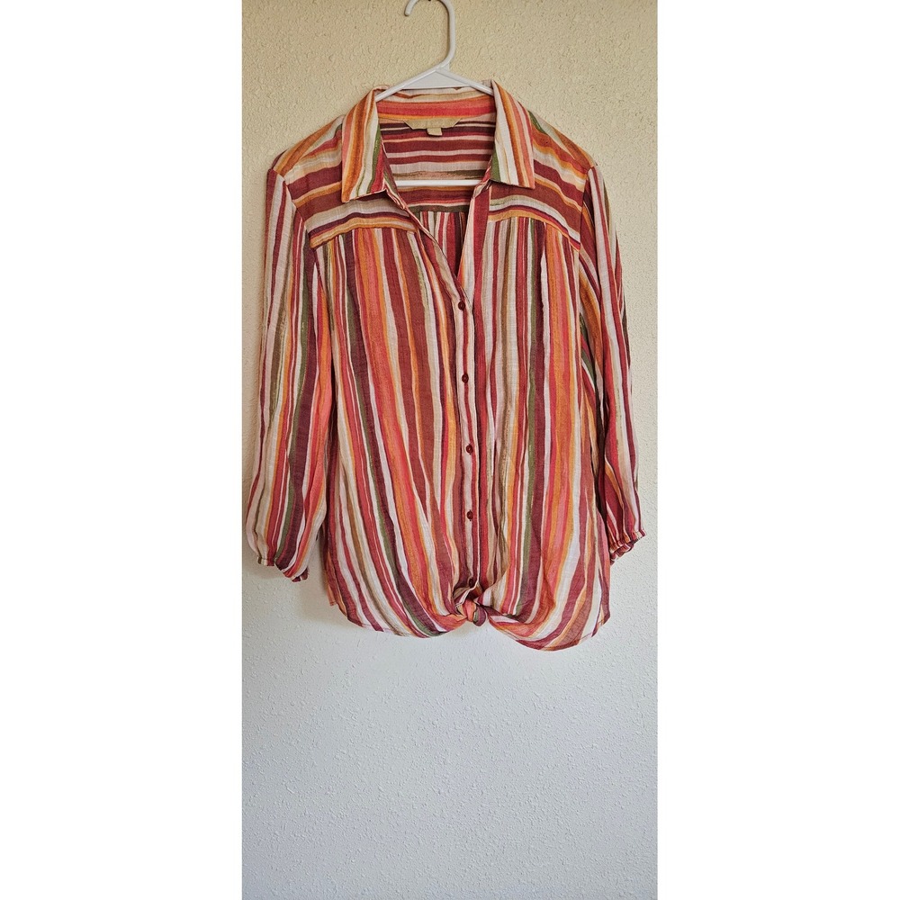 Hope & Harlow Womens Large Striped Tie Front Button Down Blouse Red Orange Multi